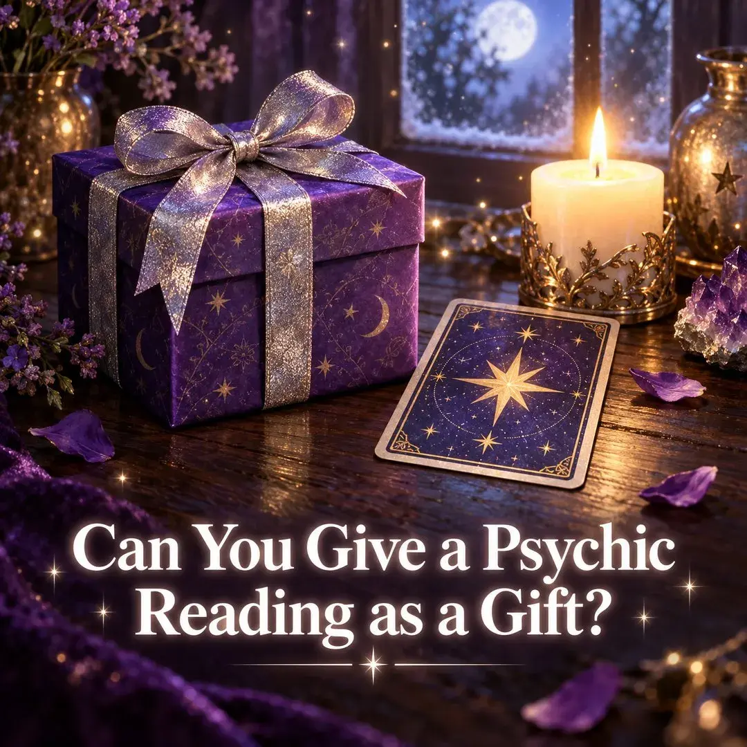 Violet gift box with a candle and tarot card