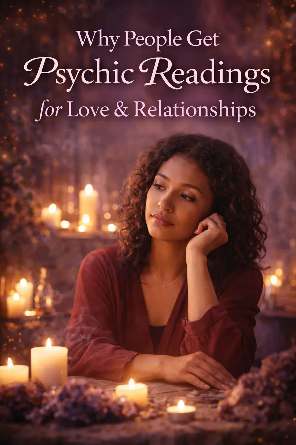 Woman sitting thoughtfully in a candlelit setting reflecting on love and relationship questions during a psychic reading