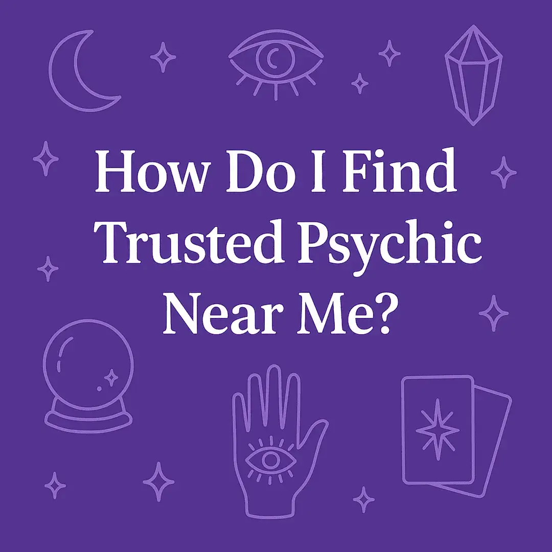 Trusted psychic near me graphic with moon, tarot cards, and crystal ball