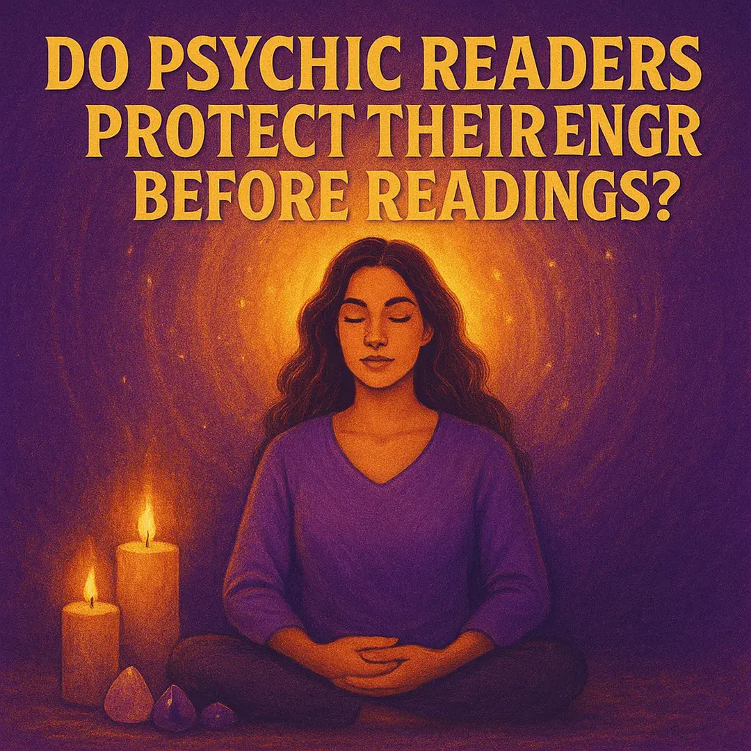 Psychic reader meditating with candles and crystals, protecting her energy before a reading.