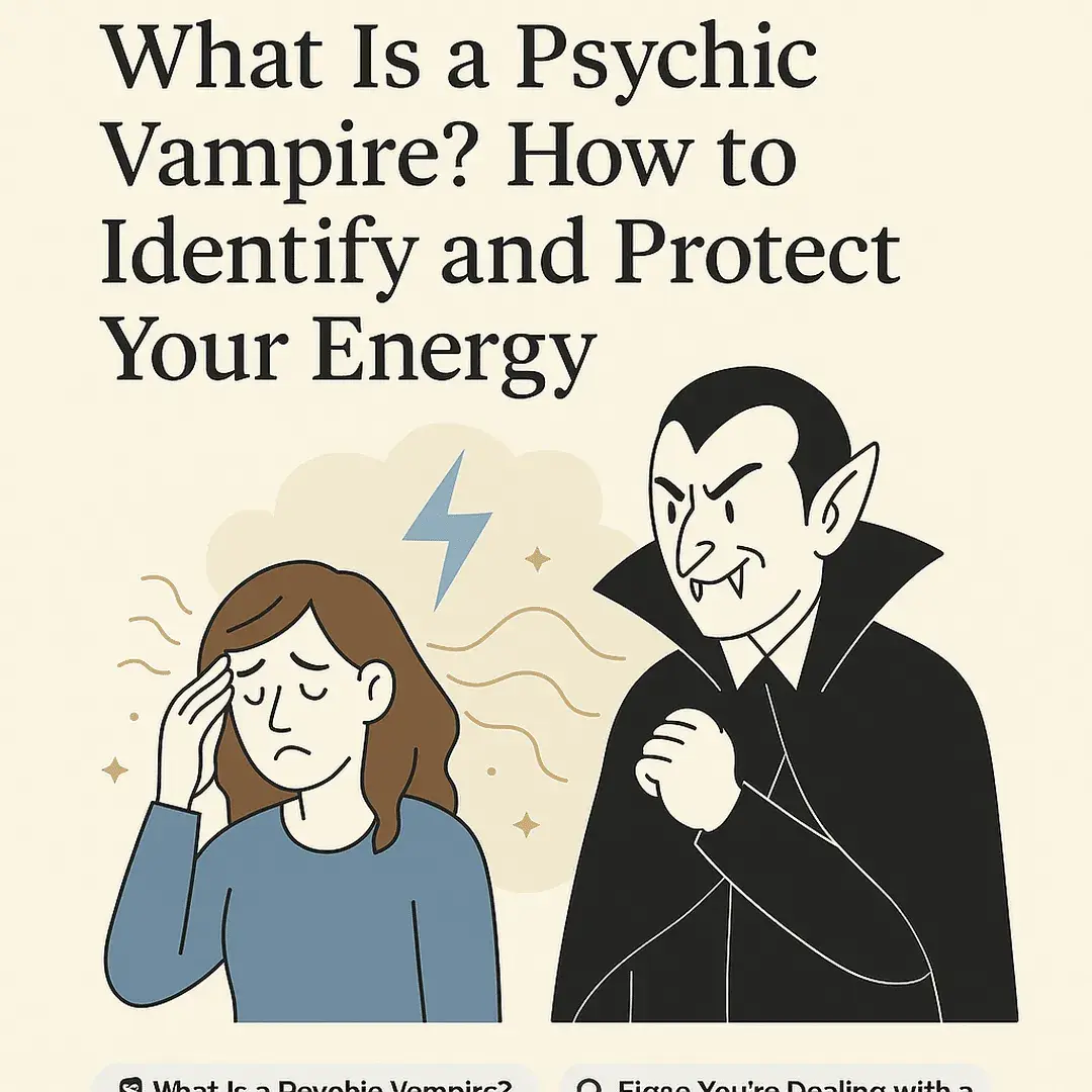 A flat-style digital illustration depicts a person shielding themselves from swirling, dark energy tendrils representing a psychic vampire. The figure stands in a protective glowing bubble of light, symbolizing personal boundaries and energy protection.