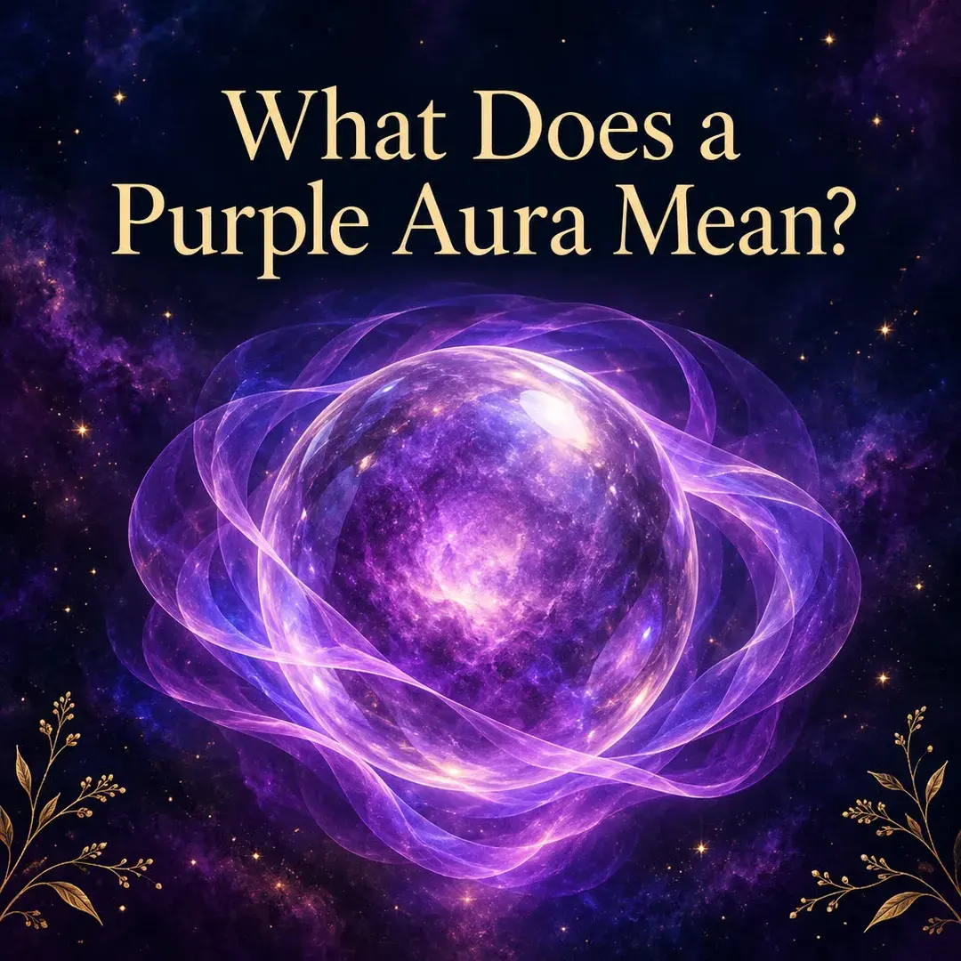 Glowing violet orb wrapped in ribbons of purple light with gold leaves