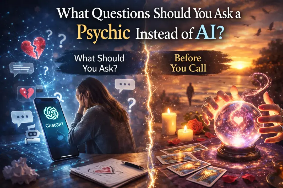Split image showing AI chat on phone and psychic crystal ball representing questions to ask a psychic instead of AI