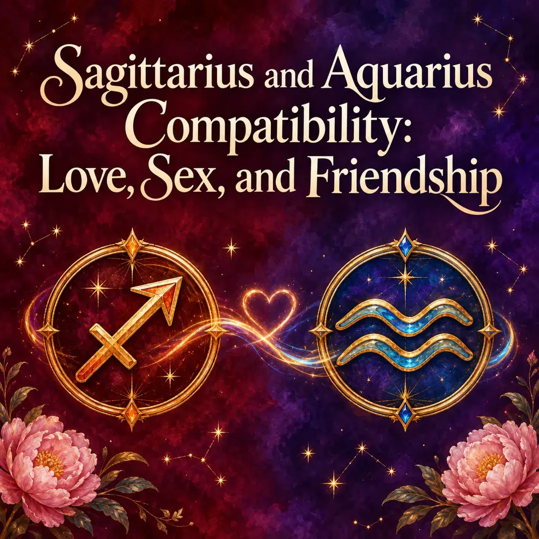 Sagittarius and Aquarius symbols joined by a glowing heart