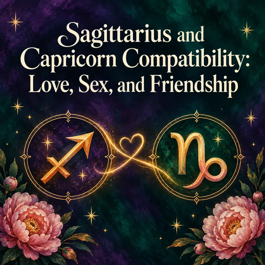 Sagittarius and Capricorn symbols joined by a glowing heart with peonies