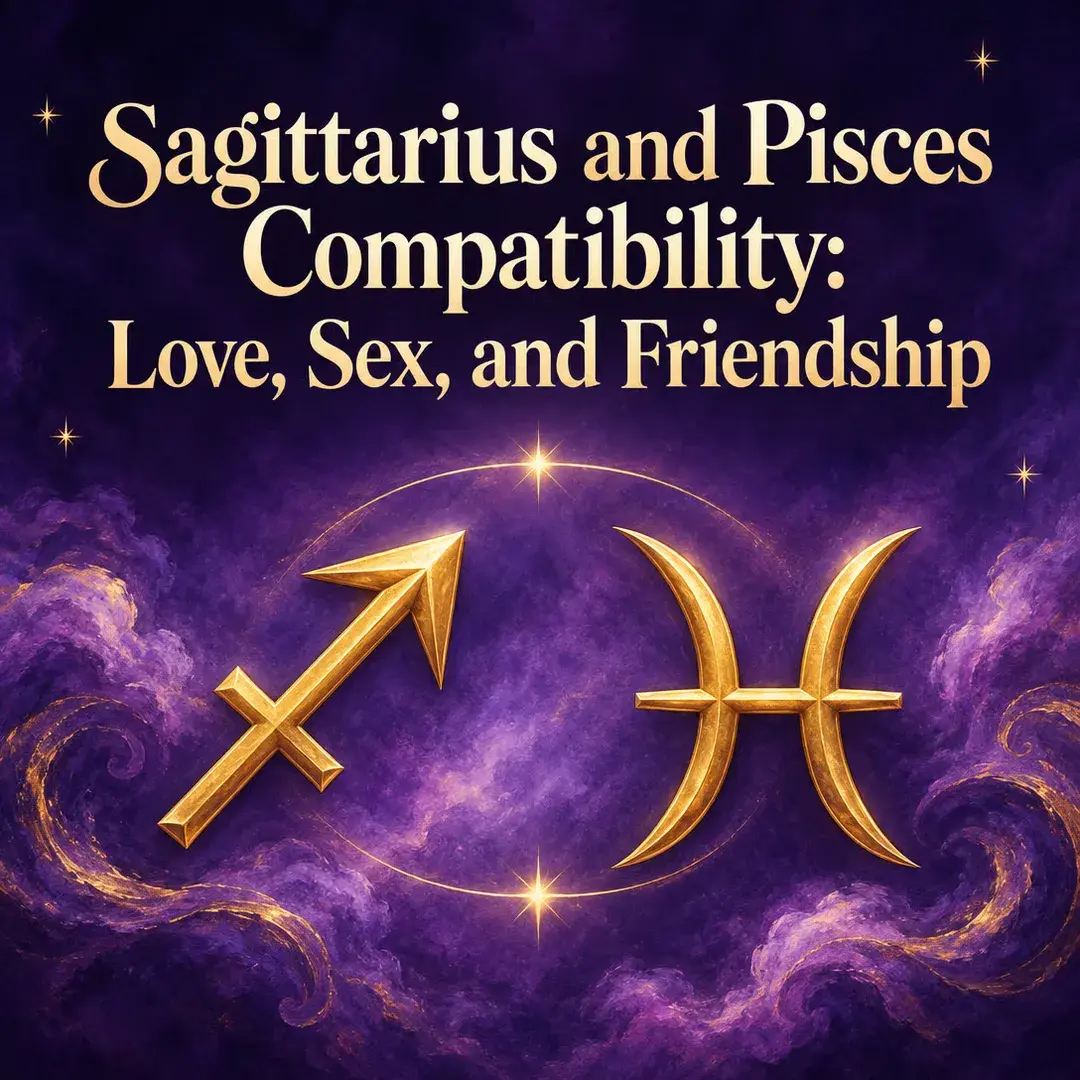 Gold Sagittarius arrow beside the Pisces symbol on violet