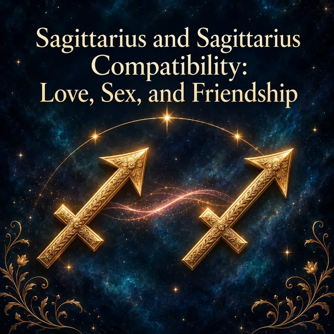Two gold Sagittarius arrows linked by light on a blue starry sky