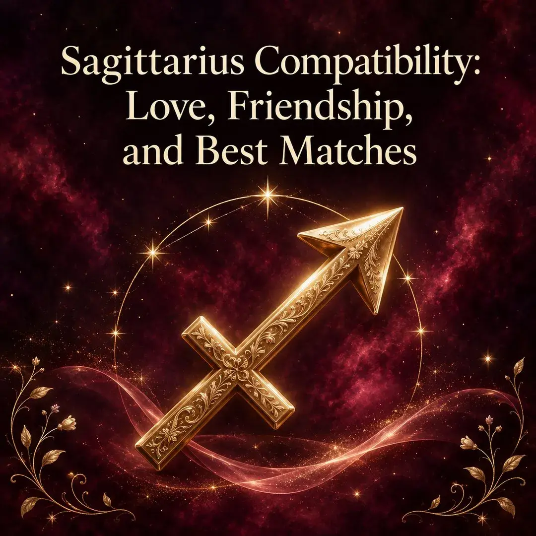 Gold Sagittarius arrow glowing on a crimson starry sky