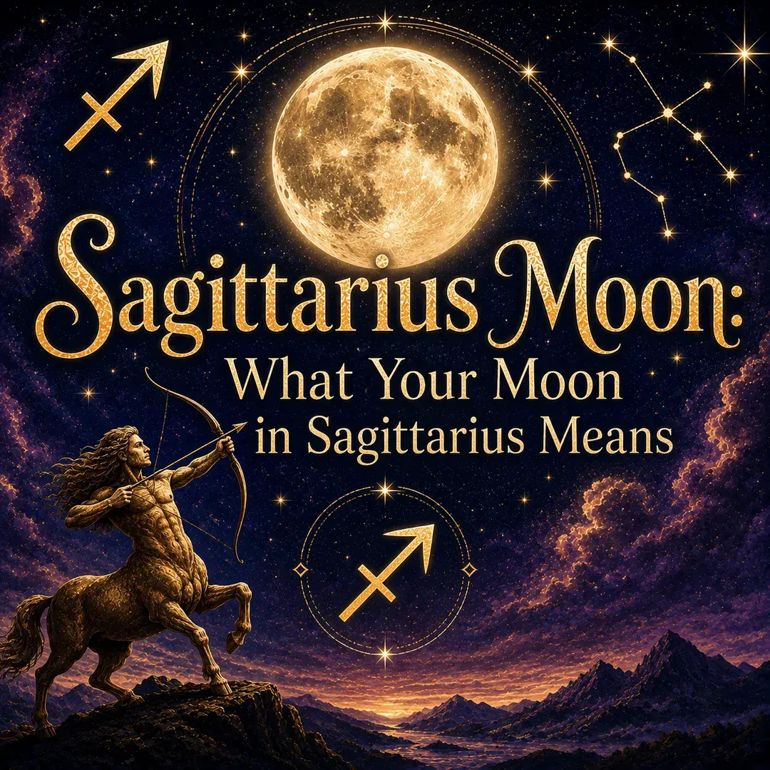 Celestial Sagittarius Moon graphic with a glowing full moon, Sagittarius symbol, golden centaur archer, stars, and mountains.