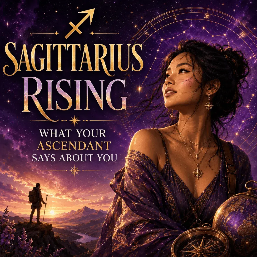 Celestial Sagittarius Rising image with a woman, mountain traveler, Sagittarius symbol, and gold astrology details against a purple cosmic sky.