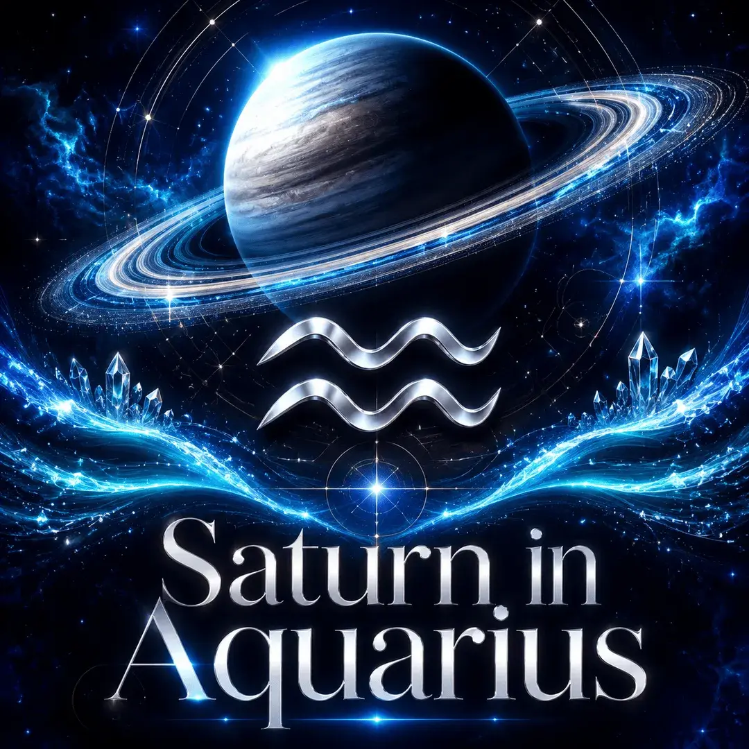 Saturn and the Aquarius symbol surrounded by luminous blue waves and crystals.