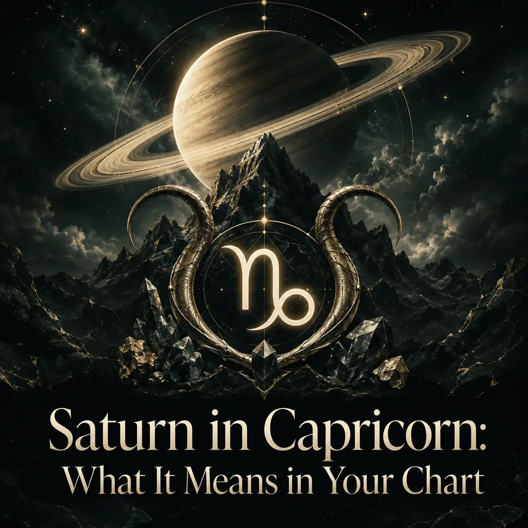 Saturn and the Capricorn symbol above dark mountain peaks and crystals.