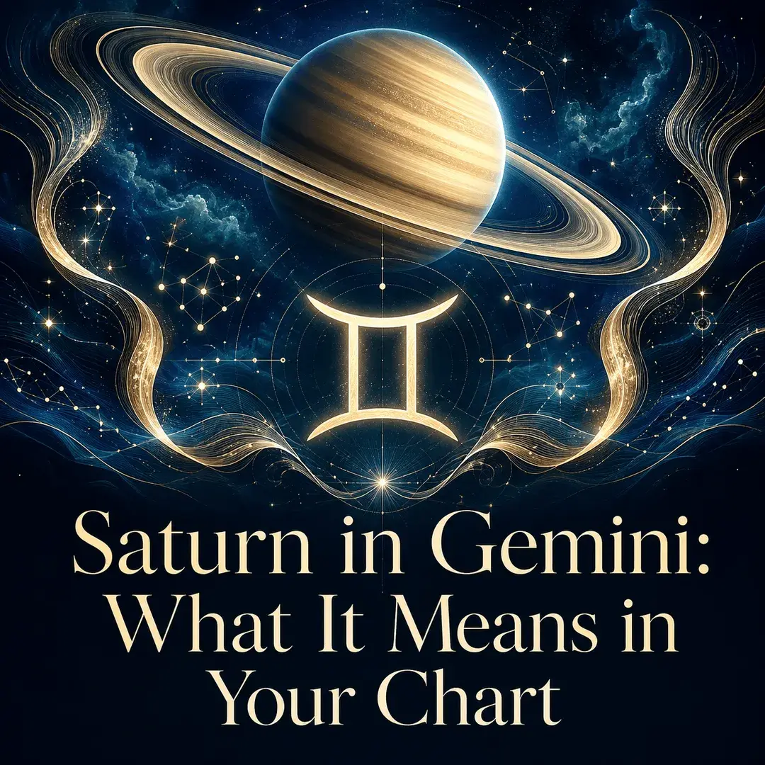 Saturn and the Gemini symbol surrounded by mirrored golden ribbons in a blue celestial sky.