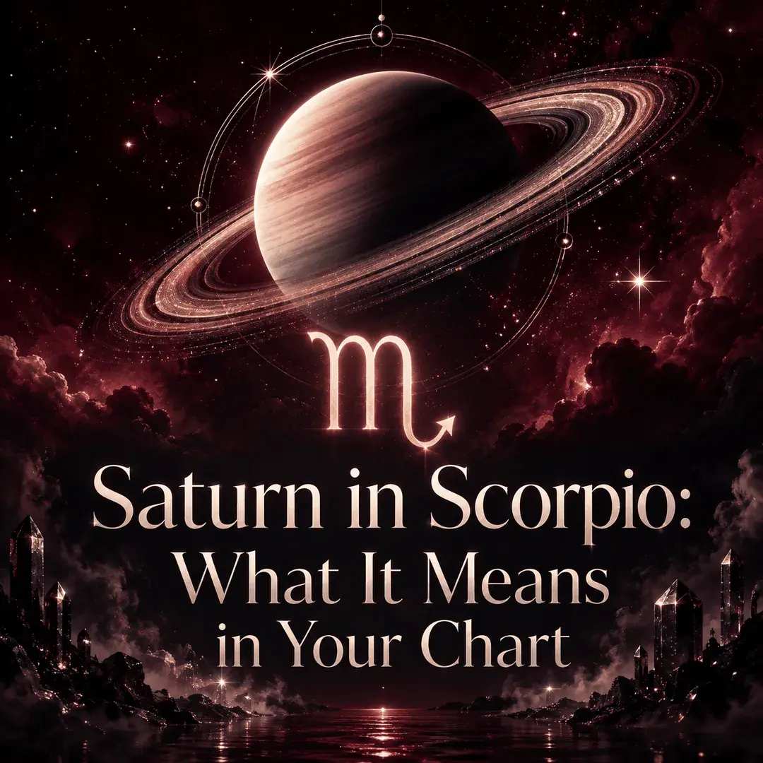 Saturn and the Scorpio symbol above dark water and obsidian crystals.