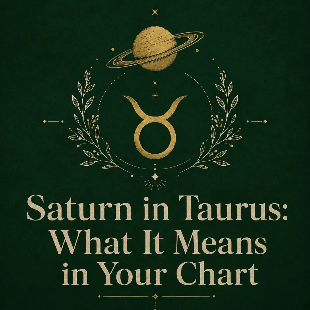 Gold Saturn and Taurus symbol on a deep emerald background.