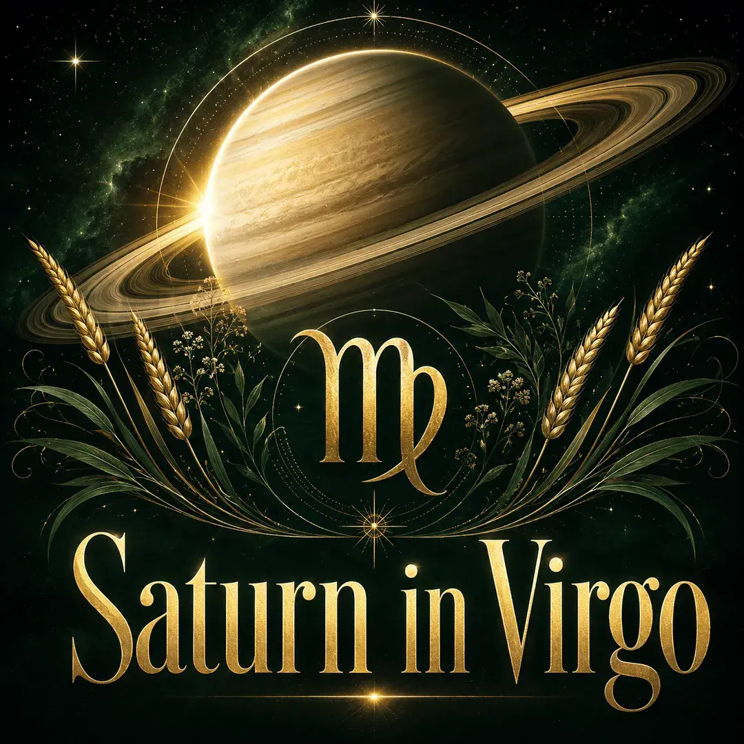 Saturn with the Virgo symbol and golden wheat against a deep green celestial sky.