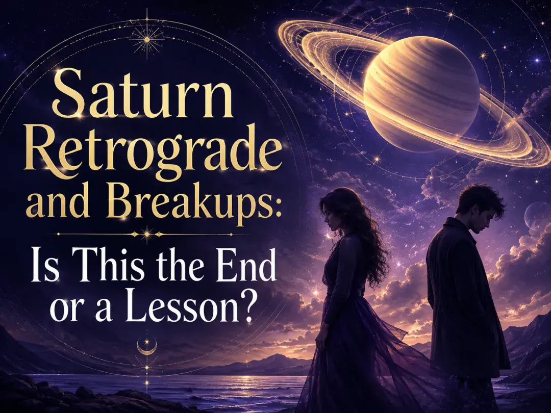 Saturn retrograde and breakups with a couple standing apart beneath Saturn in a violet night sky.