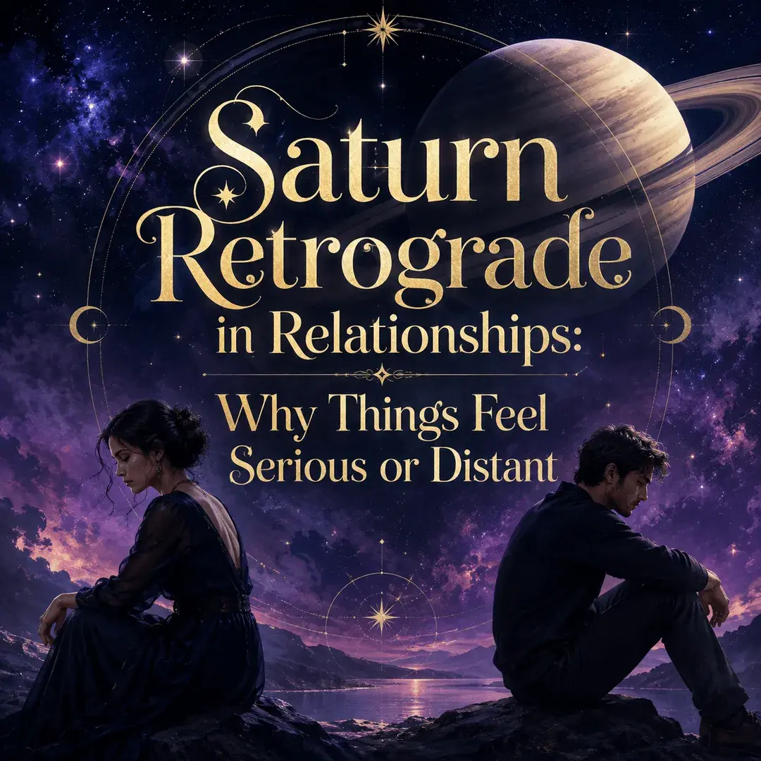 Saturn retrograde in relationships illustrated by Saturn above a serious, emotionally distant couple sitting apart under a celestial sky.