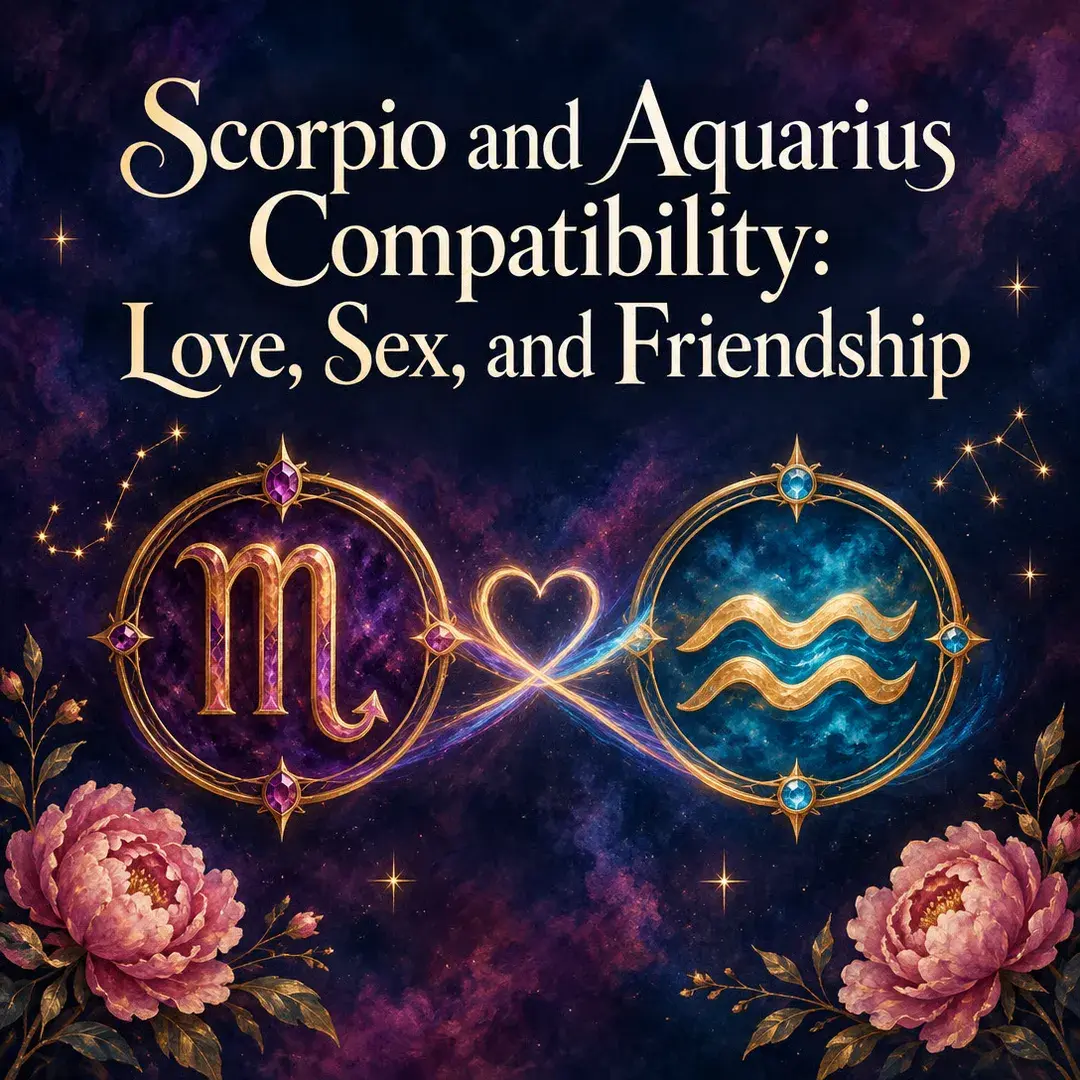 Scorpio and Aquarius symbols joined by a glowing heart