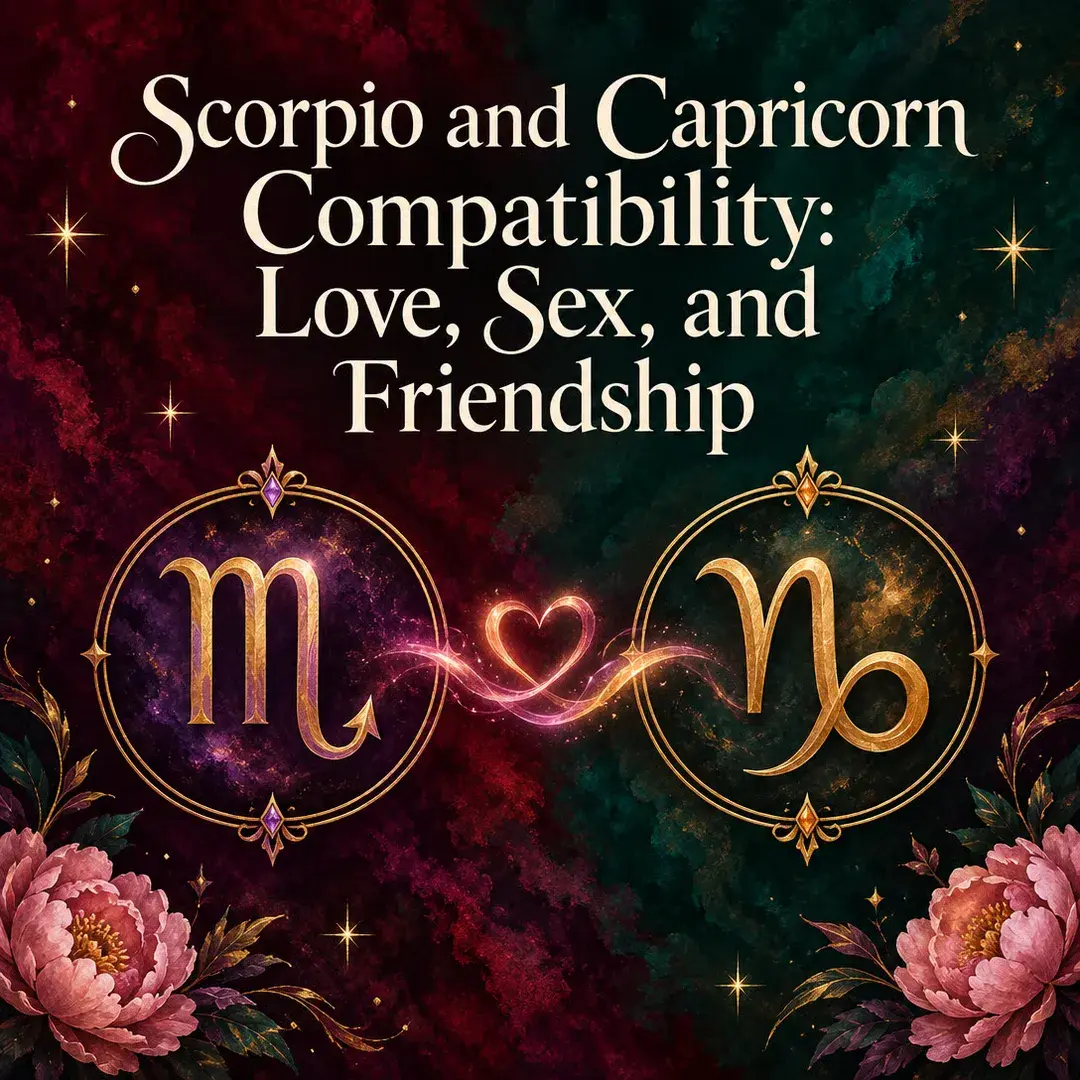 Scorpio and Capricorn symbols joined by a glowing heart with peonies