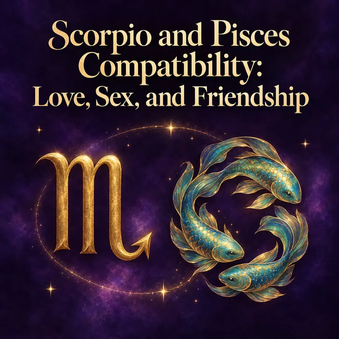 Gold Scorpio symbol beside two circling Pisces fish