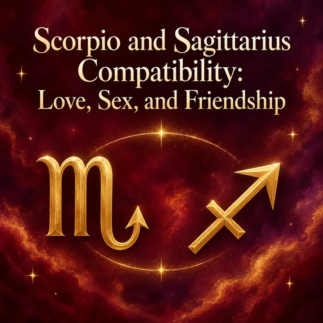 Gold Scorpio symbol beside the Sagittarius arrow on crimson
