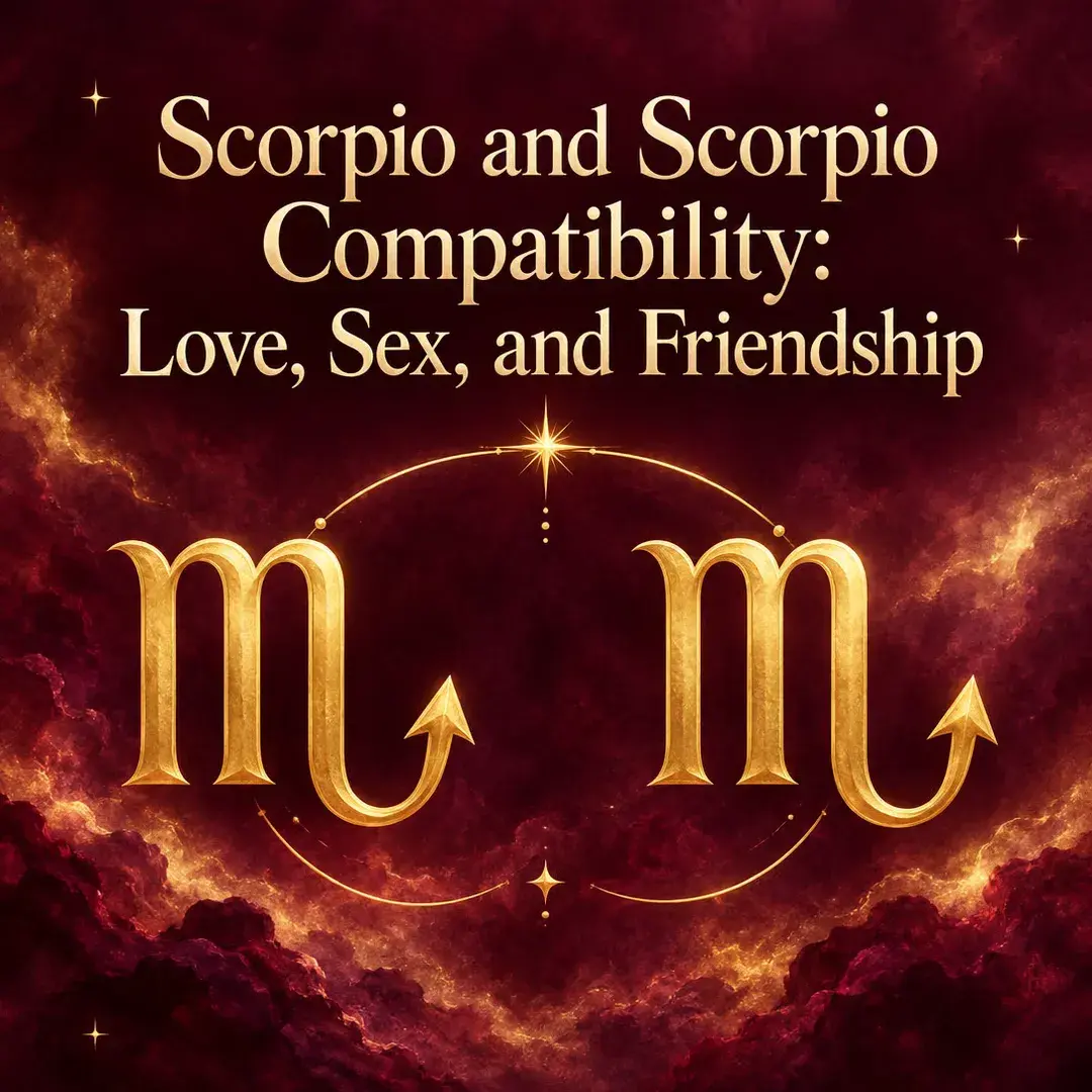 Two gold Scorpio symbols on a crimson sky