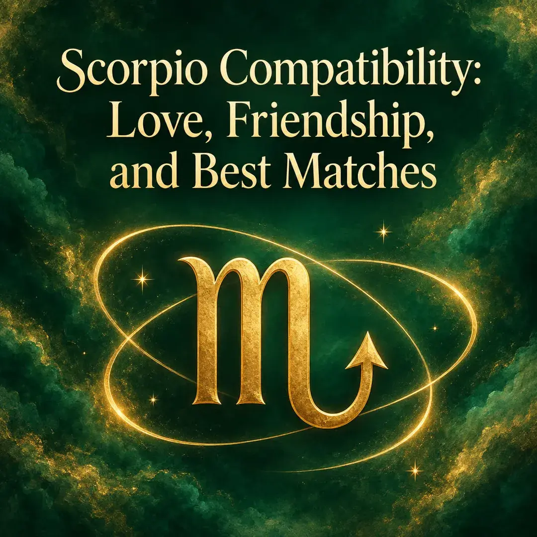 Gold Scorpio symbol inside glowing rings on emerald green
