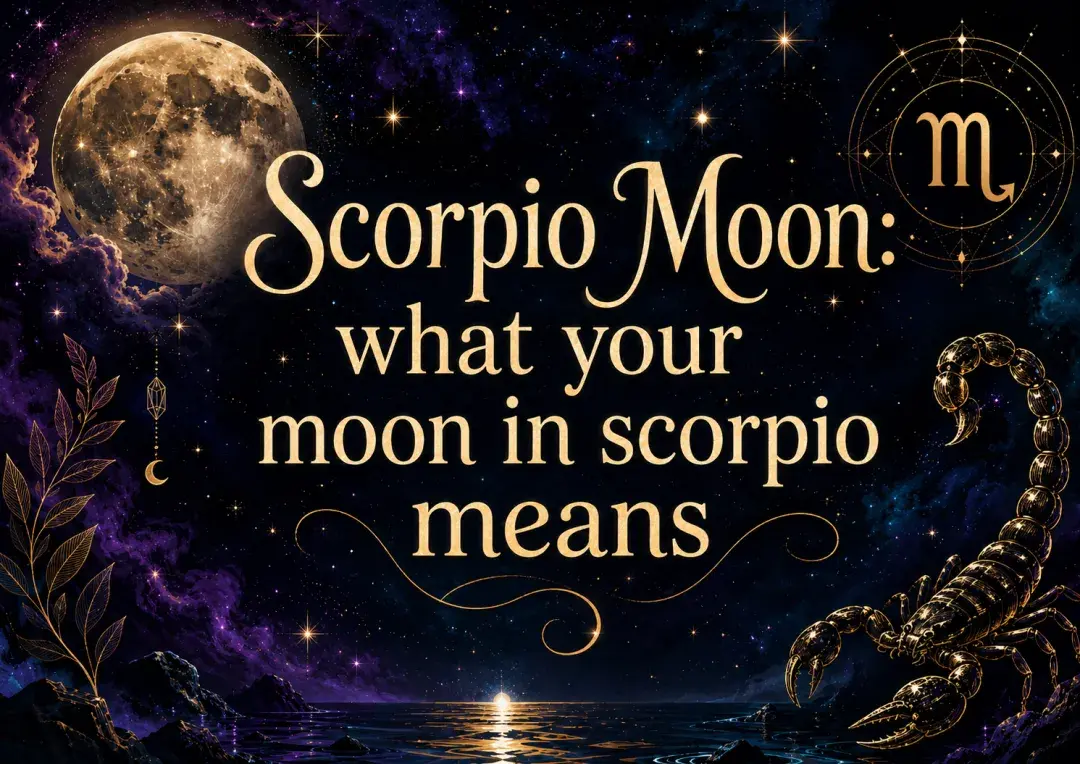 Celestial Scorpio Moon graphic with a glowing moon, stars, Scorpio symbol, and golden scorpion.