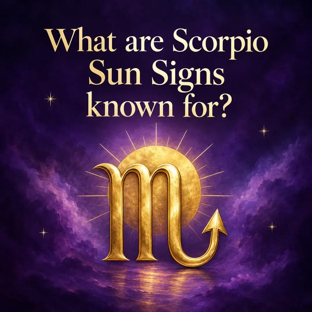 Gold Scorpio symbol in front of a glowing sun on a violet sky