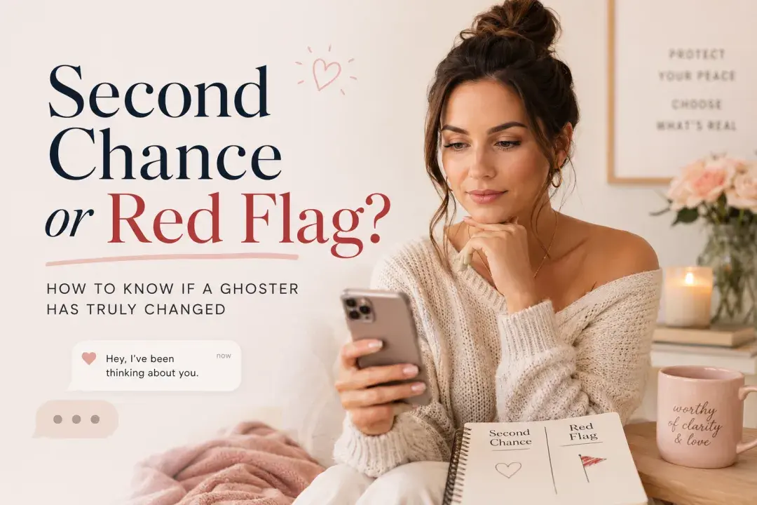 Woman looking at her phone while deciding between a second chance and a red flag after a ghoster reaches out again.