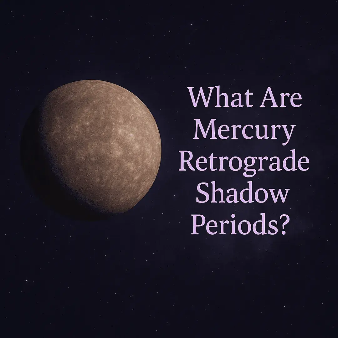 Planet Mercury against a violet starry background with light purple text reading 'What Are Mercury Retrograde Shadow Periods?'