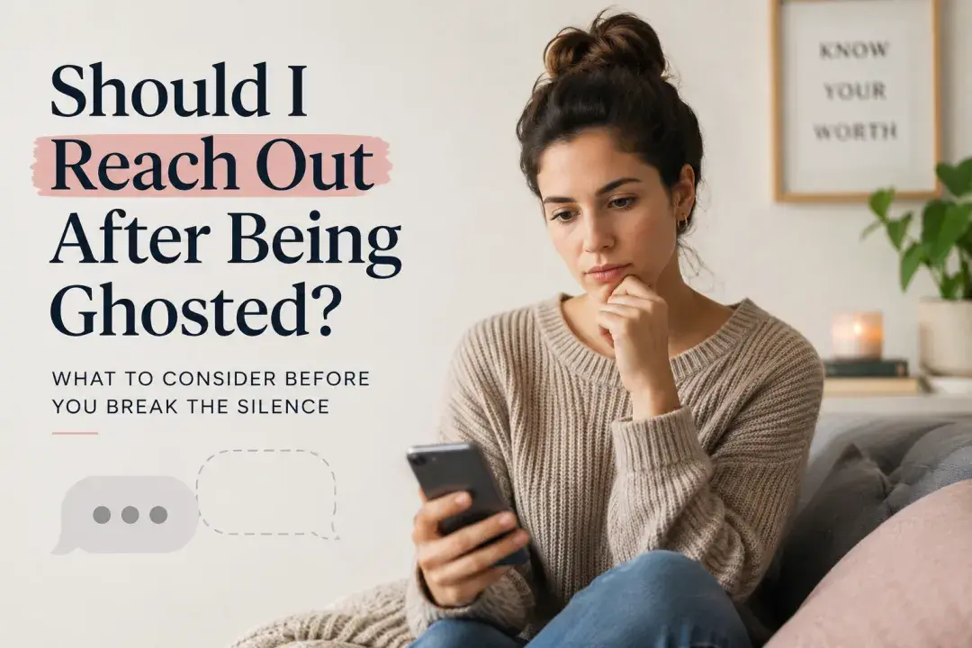 Woman looking thoughtfully at her phone beside the words “Should I Reach Out After Being Ghosted?” for a relationship advice blog.