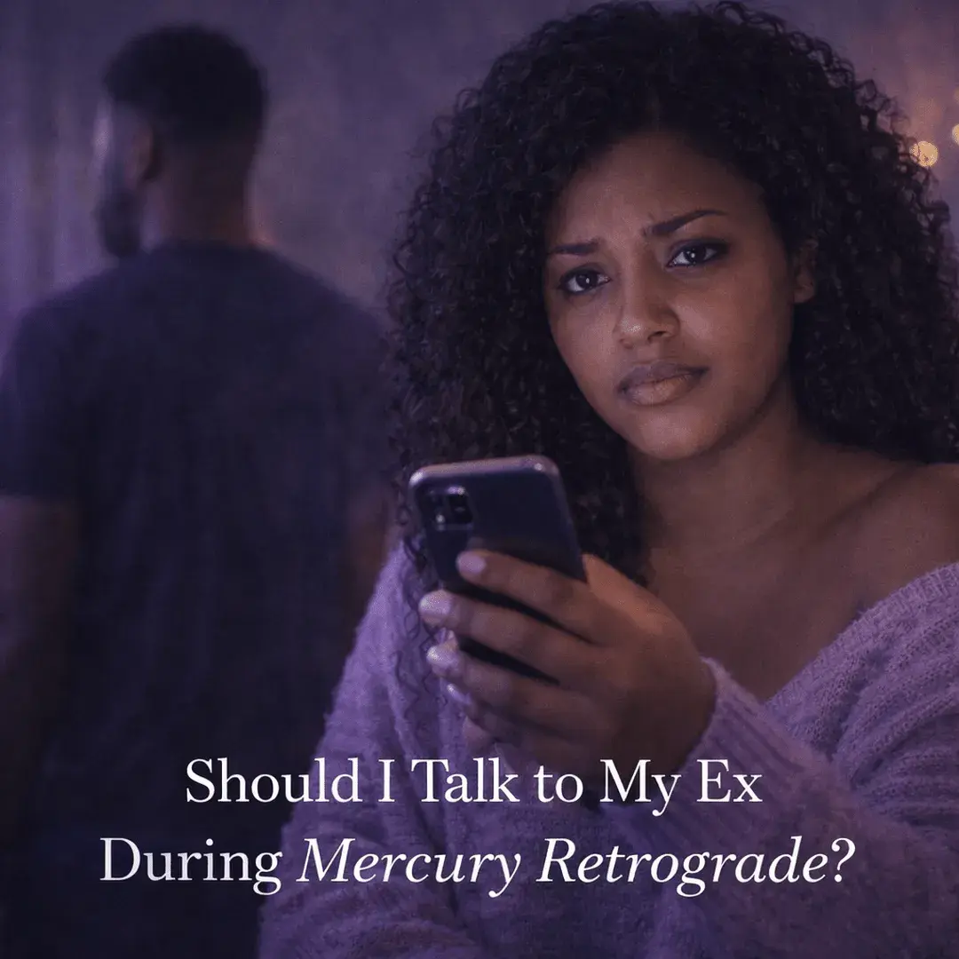 Woman looking at her phone with a conflicted expression while a man stands behind her facing away, representing emotional confusion during Mercury Retrograde and reconnecting with an ex
