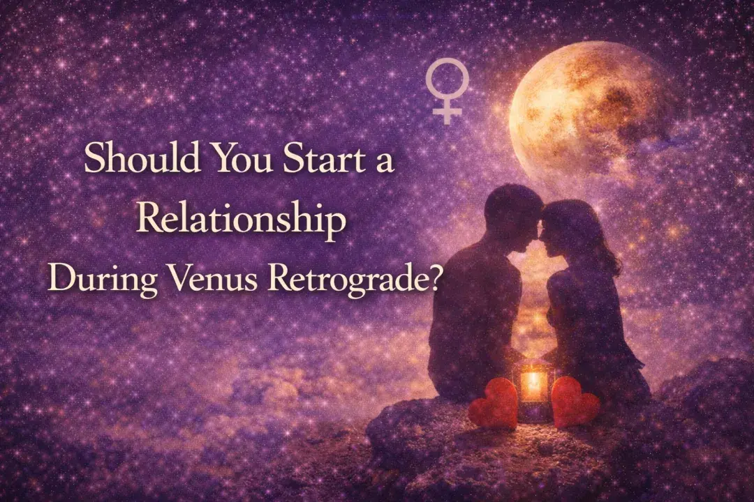 Venus Retrograde 2026 image asking if you should start a relationship during Venus retrograde, showing a silhouetted couple under a cosmic sky with the planet Venus.