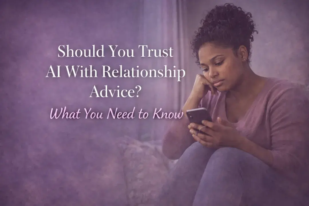 woman looking at her phone while questioning AI relationship advice