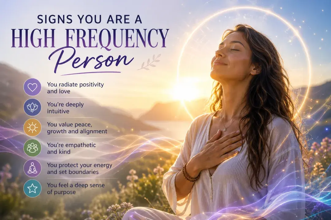 Woman in peaceful sunrise energy field representing signs of a high frequency person, including positivity, intuition, empathy, and emotional alignment