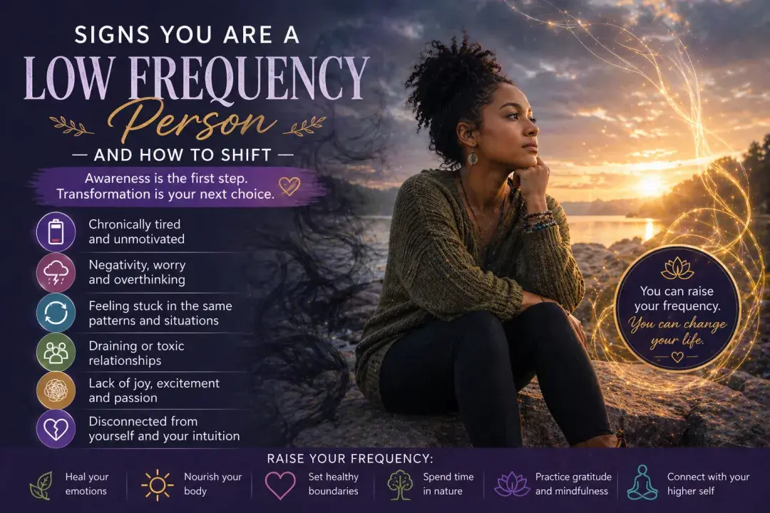 Woman sitting in reflection at sunset representing low vibrational energy, emotional heaviness, and the journey to raise your frequency and heal