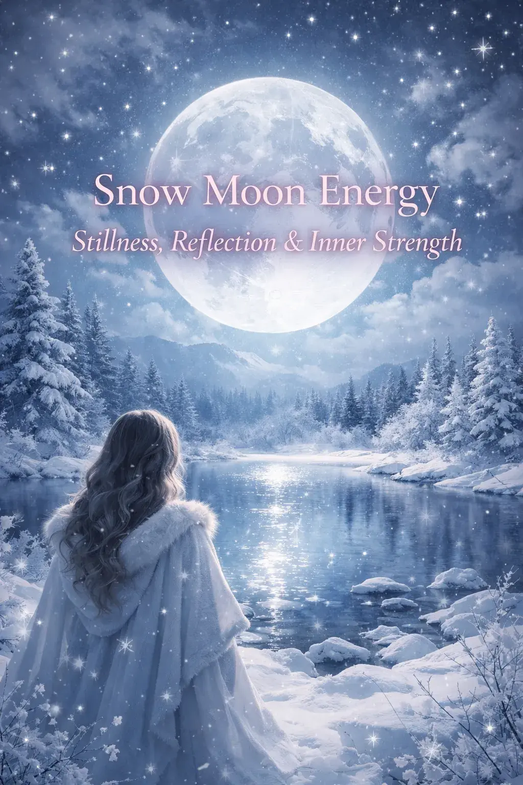 Mystical Snow Moon illustration with a woman by a snowy lake under a glowing full moon, representing stillness, reflection, and inner strength.