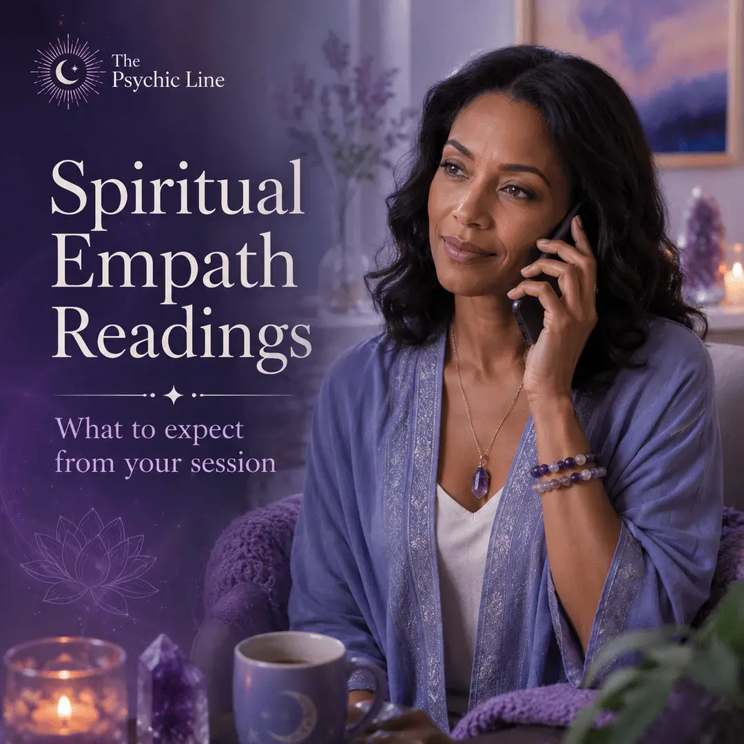 Woman on a phone call in a calm purple setting with candles and crystals, representing a spiritual empath reading