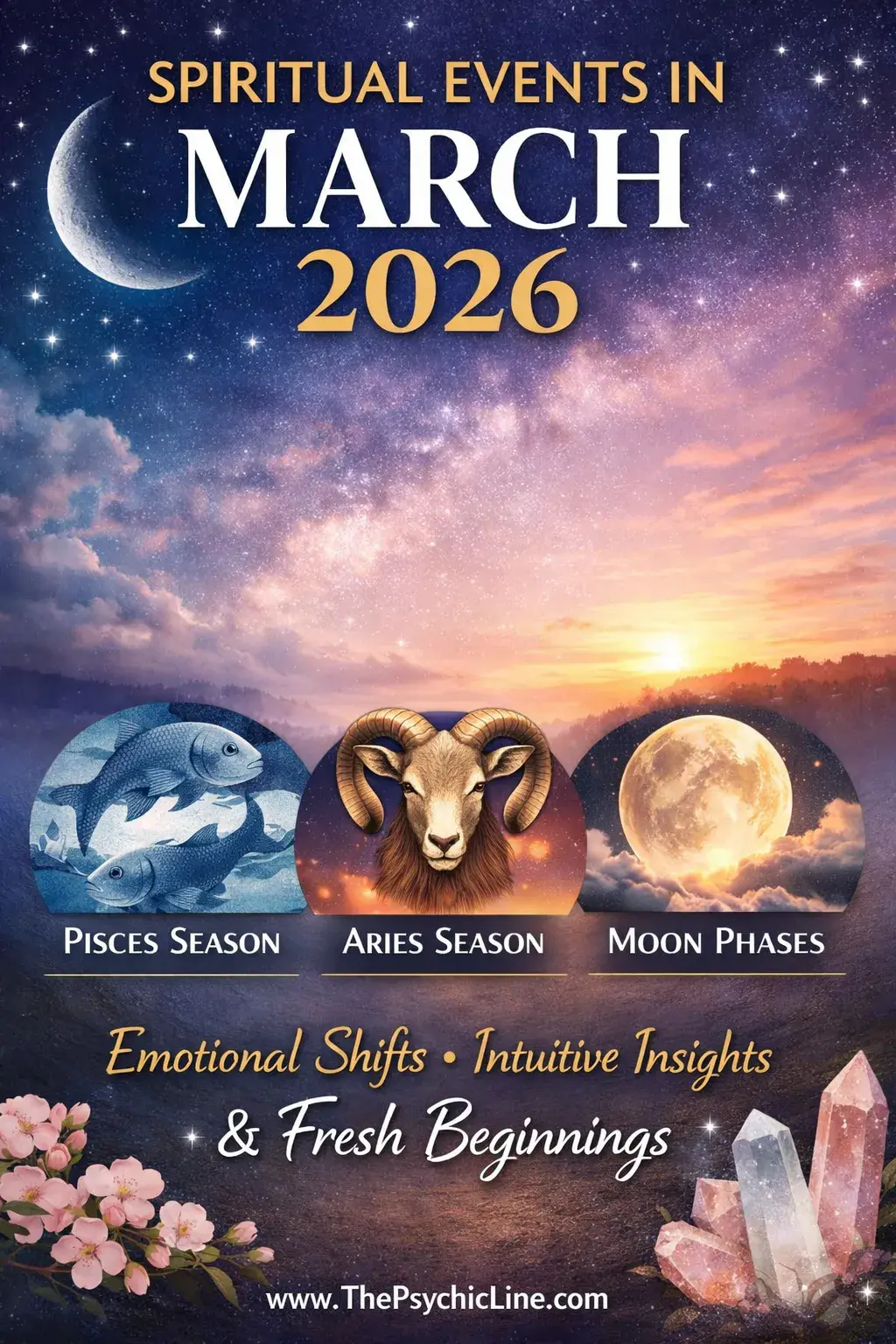 Graphic showing spiritual events in March 2026, including Pisces season, Aries season, and moon phases, symbolizing emotional shifts, intuitive insights, and fresh beginnings.