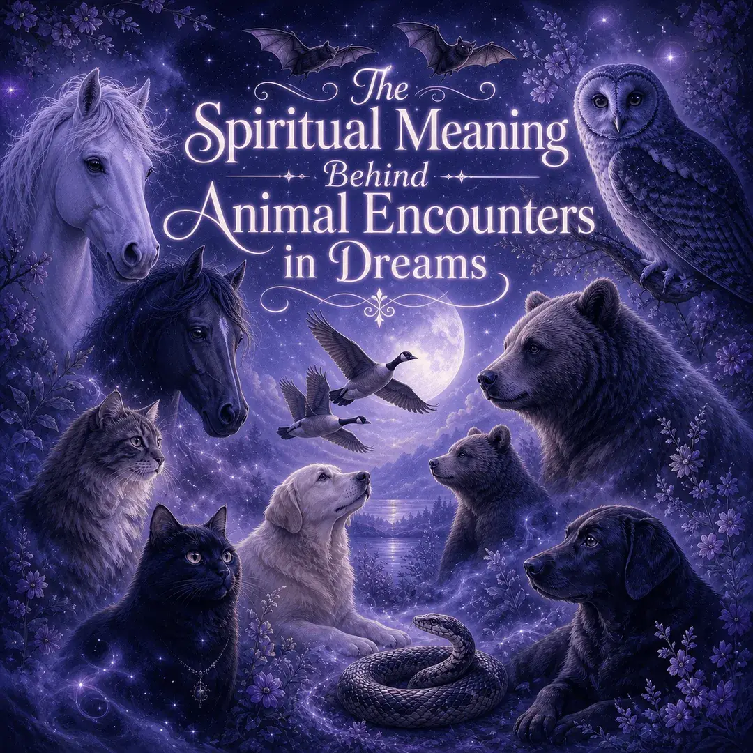 Mystical moonlit dream scene with horses, bats, an owl, geese, bears, cats, dogs, and a snake surrounding the title “The Spiritual Meaning Behind Animal Encounters in Dreams.”