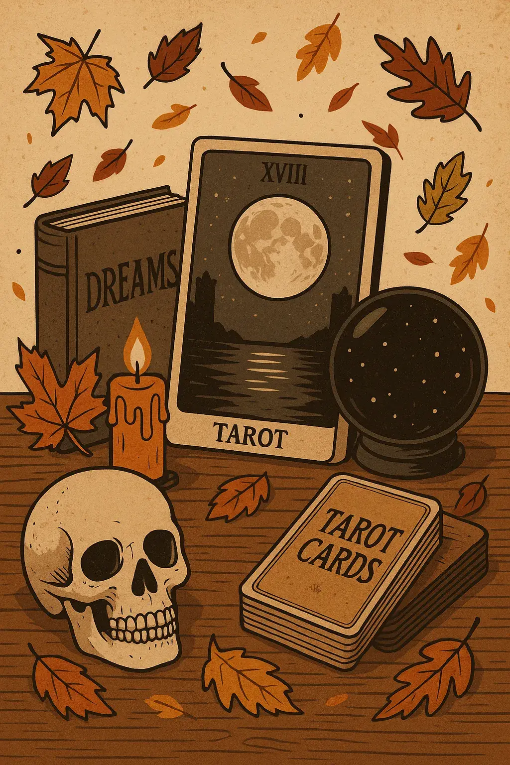 Autumn-themed mystical illustration featuring a tarot card with a full moon, a skull, crystal ball, candle, book titled "Dreams," and scattered fall leaves on a wooden surface.