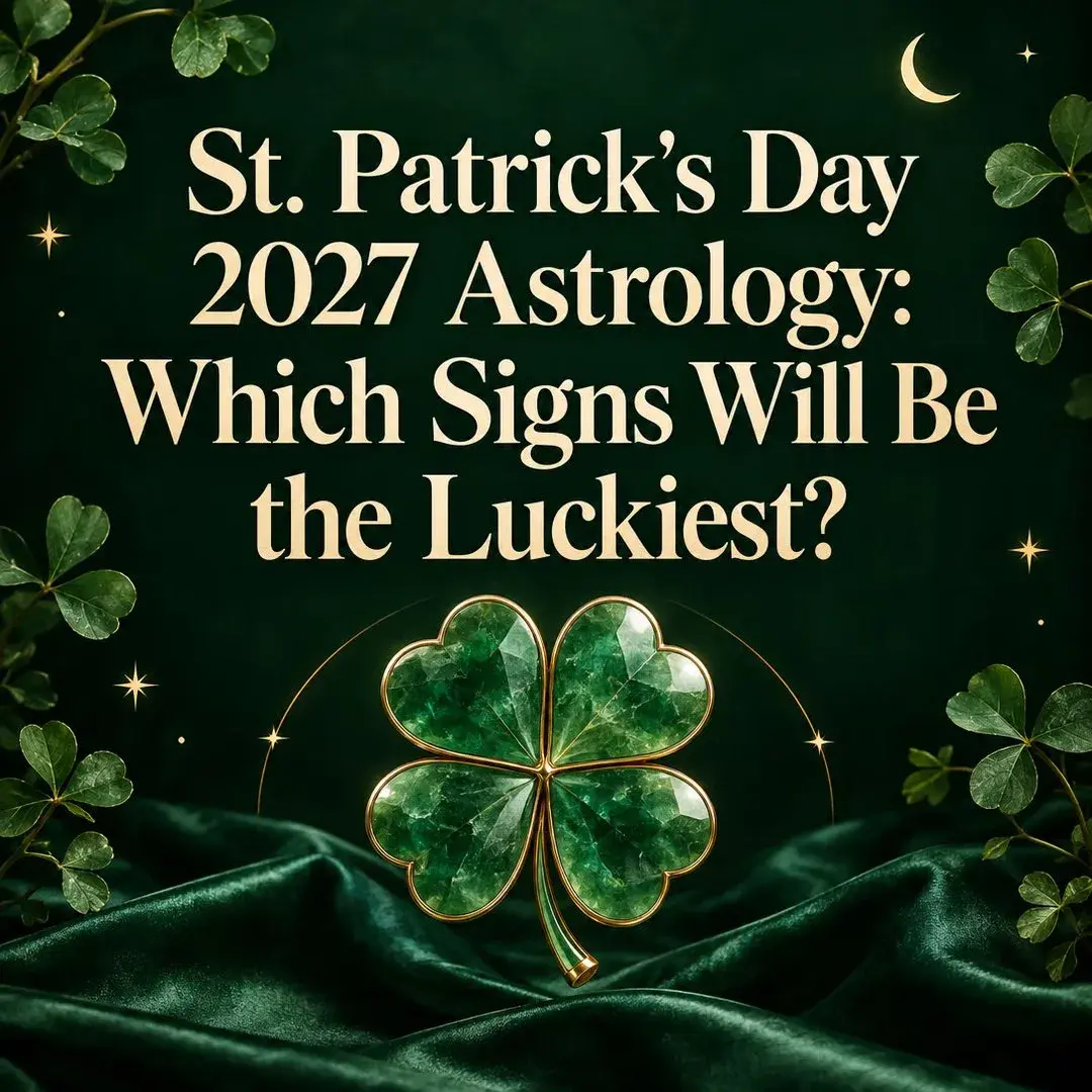 Emerald four leaf clover on green velvet under a crescent moon