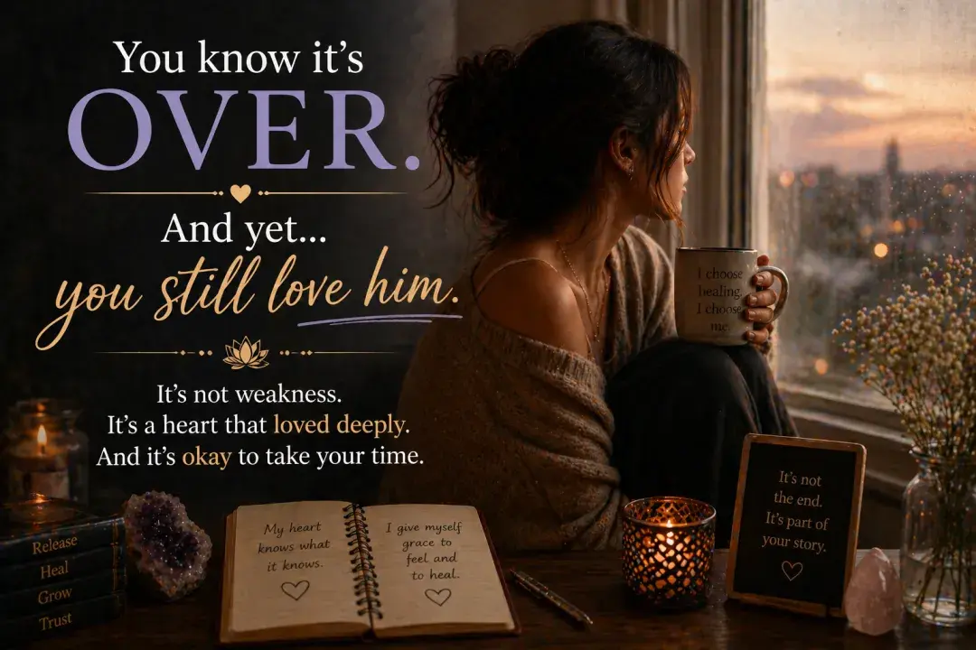 Woman looking out a window while grieving a relationship that is over, symbolizing still loving an ex and taking time to heal
