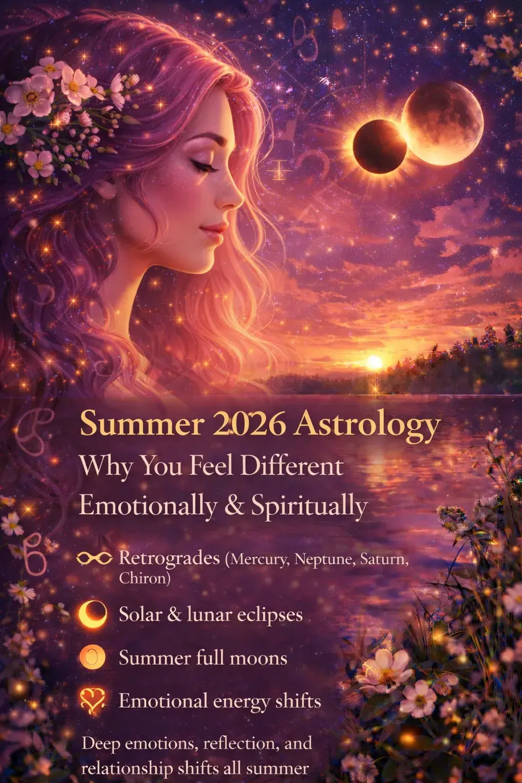 Summer 2026 astrology image featuring a serene woman with flowing hair under a sunset sky with eclipse and moon phases representing emotional and spiritual shifts