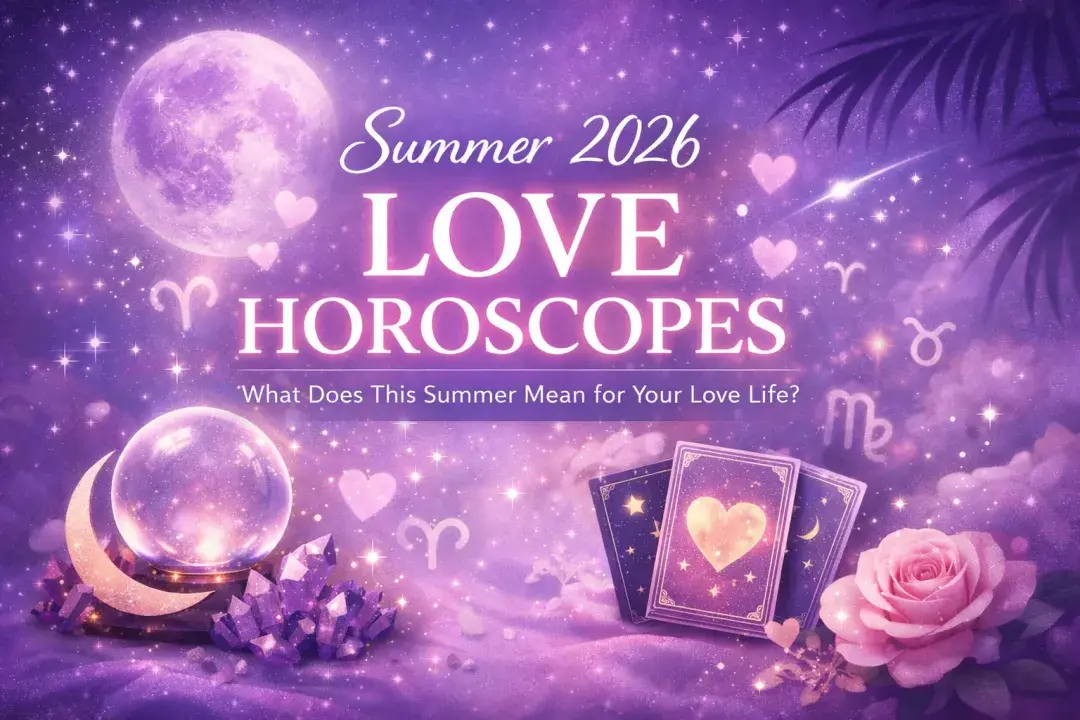 Violet feminine Summer 2026 love horoscope image with moon, tarot cards, zodiac symbols, and romantic celestial background