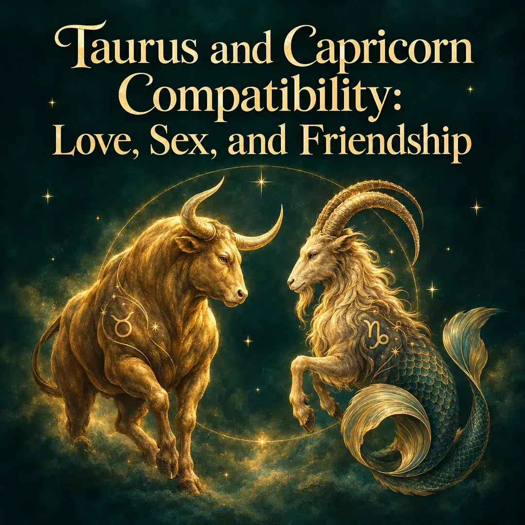 Golden bull facing a sea goat on a teal night sky