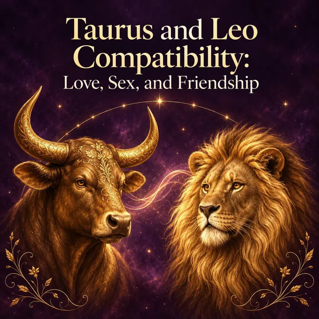 Golden bull and lion facing each other on a purple starry sky