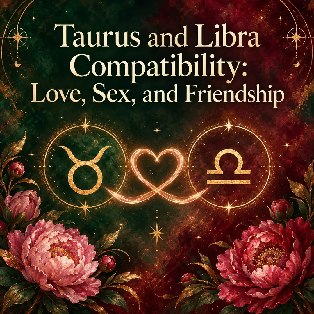 Taurus and Libra symbols joined by a glowing heart with peonies